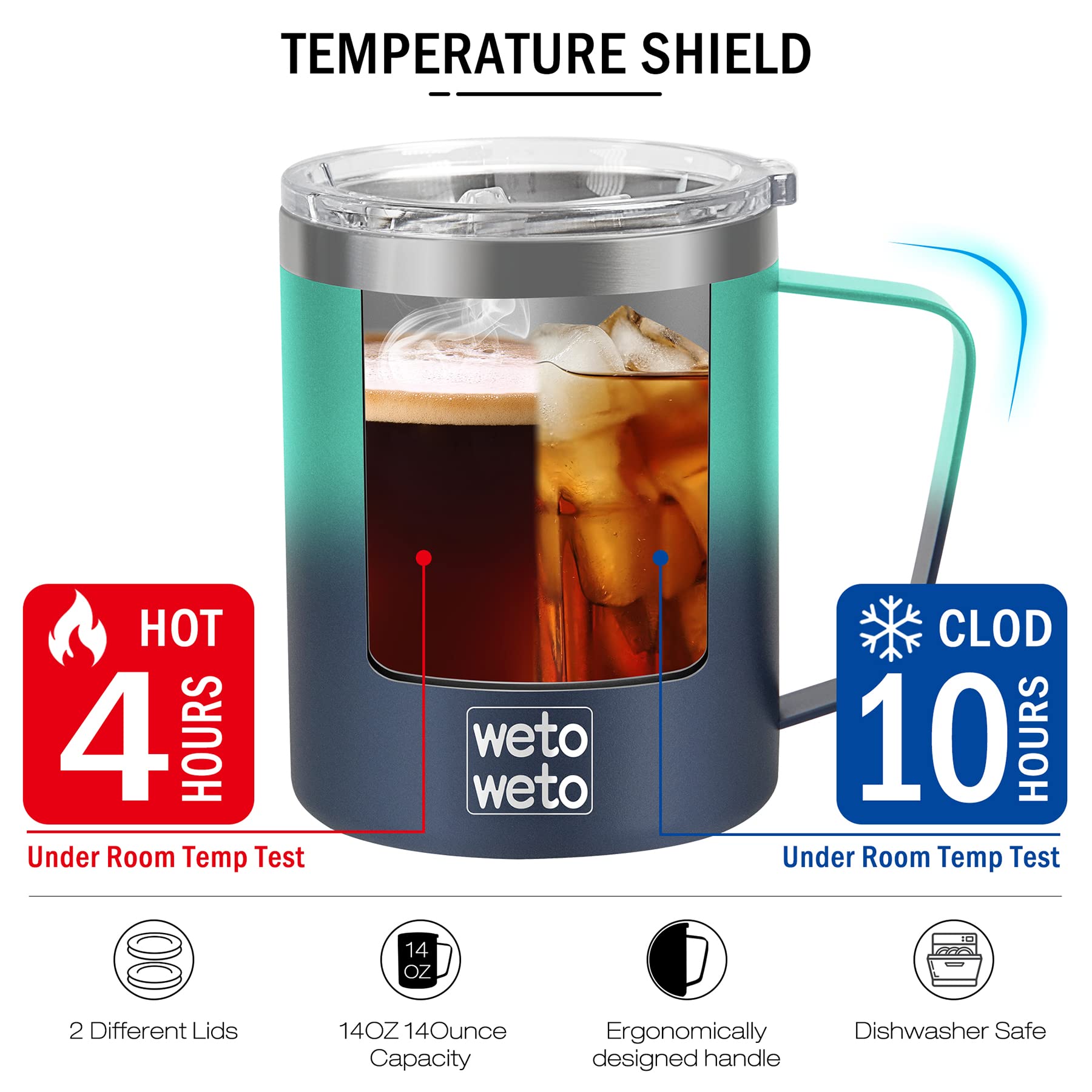 WETOWETO Juego de tazas de café de 14 onzas, taza de camping aislada al vacío con tapa, vaso de viaje de acero inoxidable de doble pared, taza de café al aire libre, océano secreto recubierto de polvo