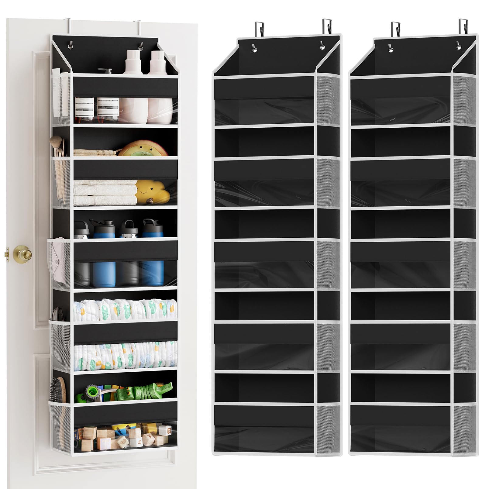 SpaceAid 2 Pack Over The Door Organizer with 5 Large Pockets and 10 Mesh Side Pockets, 5 Layers Door Organizer Hanging with Clear Window for Bedroom, Bathroom, Pantry and Nursery, Black