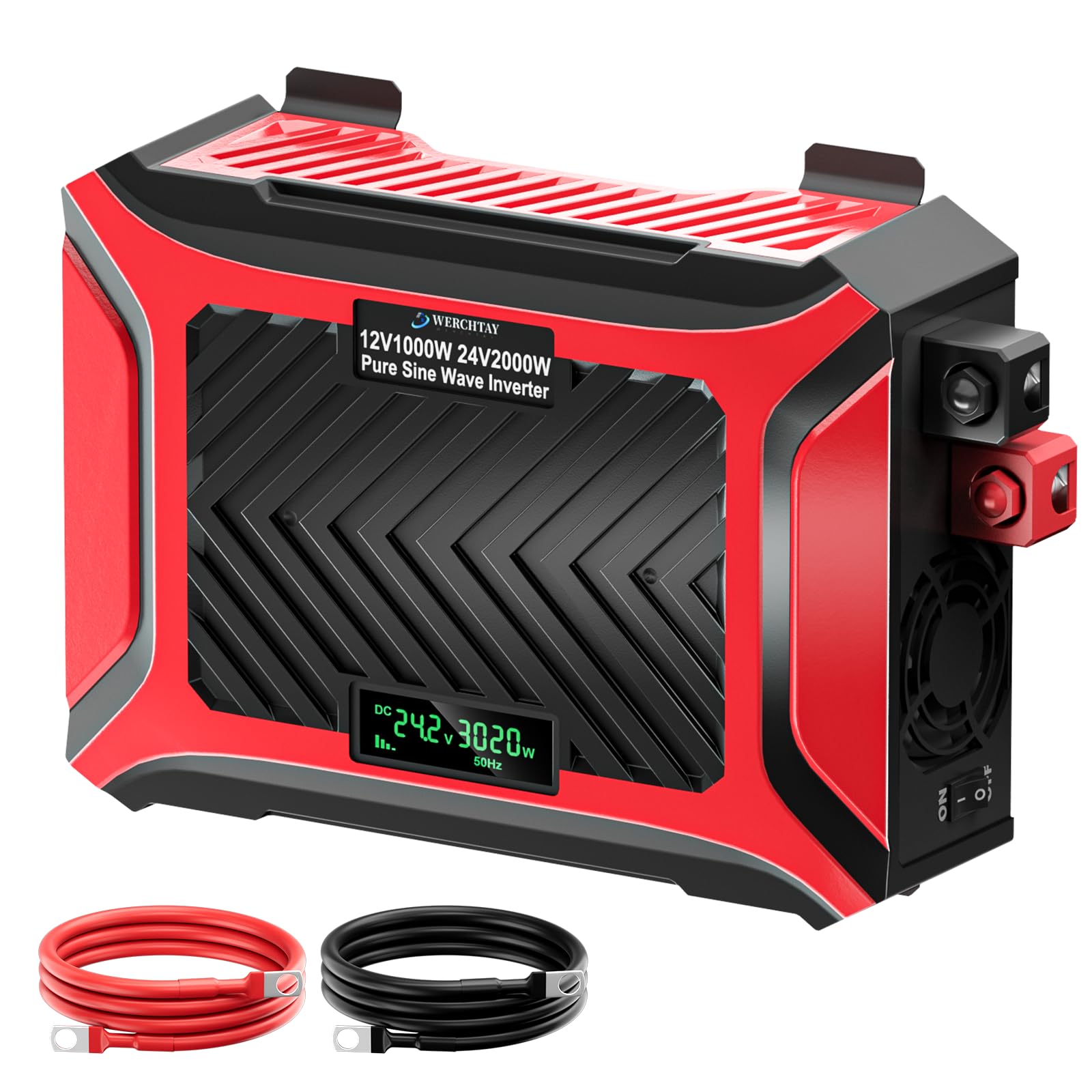 Inversor 12v/24v 230v Convertidor 1000W/2000W Onda sinusoidal Pura Inversor de Corriente con 2 EU Socket,1 USB/Tipo-C y Pantalla LCD, Inverter de Potencia para Camiones Camping