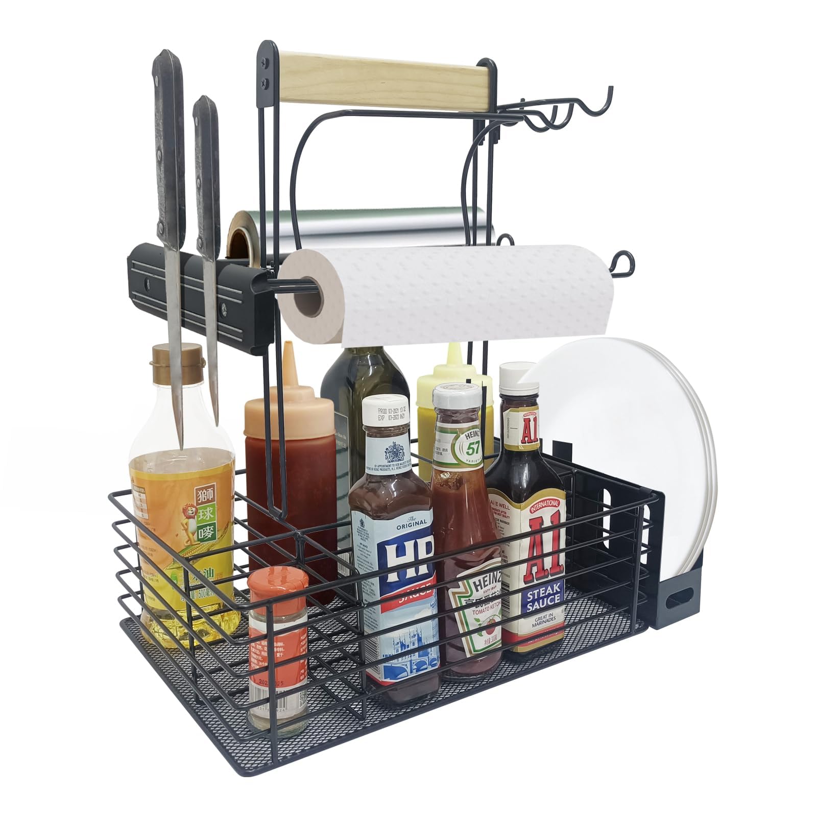 Canshow Black Grill Caddy,Bbq Condiment Organizer For Outdoor, Camping Tailgating Picnic Kitchen Storage Caddy Kitchen Organizer For Camper Magnetic Tool Holder With Paper Towel Holder With Handle Portable