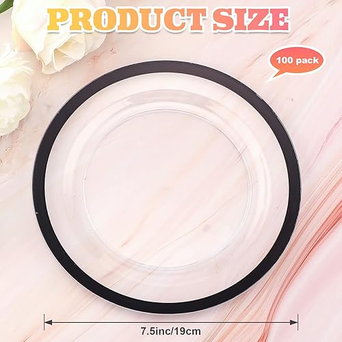 Miniatura 2 de Tanlade 100 platos de plástico negro transparente a granel de 7.5 pulgadas desechables de alta resistencia con borde rojo redondo ensalada postre