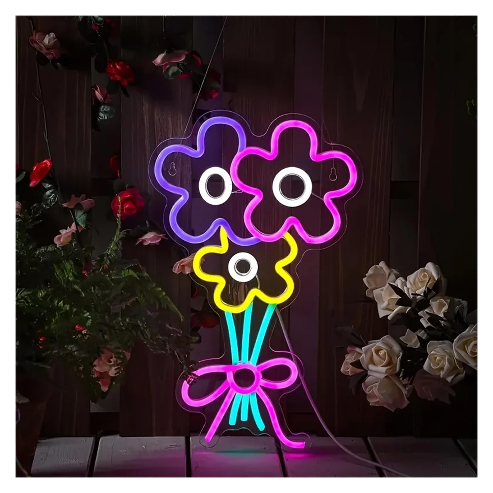 RONGCH Hanging Art Signs Bouquet of Flowers Neon Sign Wall Decoration for Bedroom Gameroom Livingroom Party 43x27cm