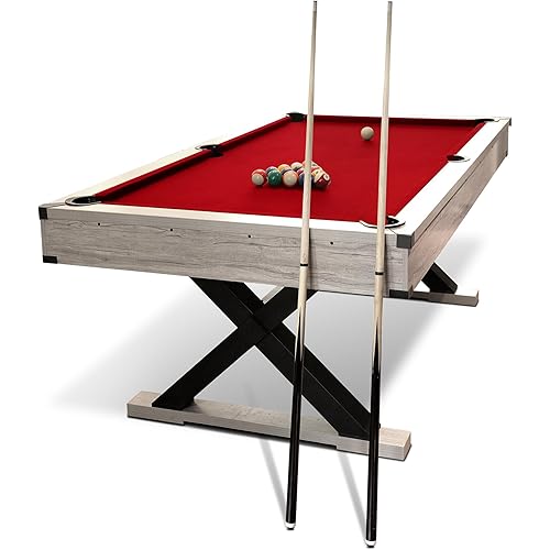 7FT Pool Table with Industrial x-Leg Design, Modern Billiard Table, Complete Accessory Set Included, 2 Cues, Billiard Balls, Brush, Perfect for Game Rooms, Living Rooms, Garage