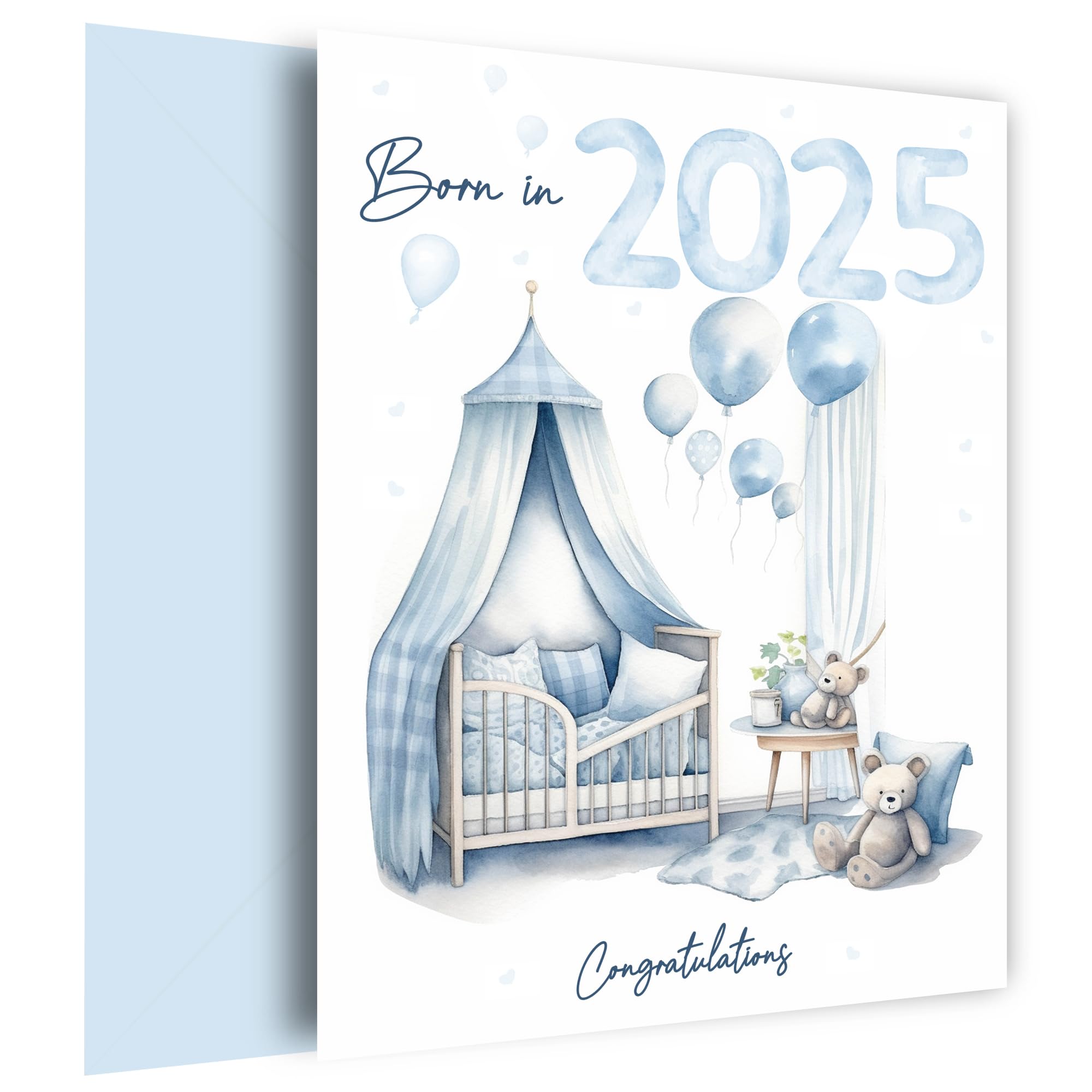 New Baby Boy Card for Congratulations on Newborn - Born in 2025 - Design for Proud New Parents, Blue Nursery, Born in 2025