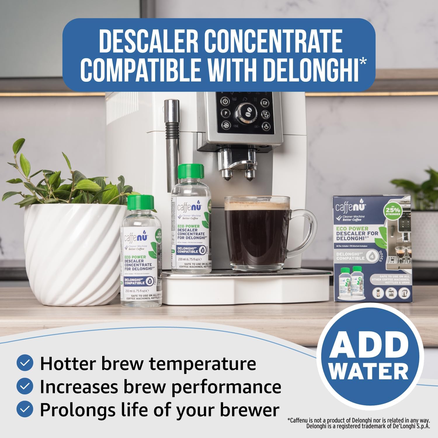 Delonghi Compatible Descaling Solution. 2 Bottles of Descaler Solution. Descaling Kit Removes Limescale For Hotter Coffee. 4 Uses Descaler For Delonghi Coffee Machines. image 3 of 7 B0CG9GJF7N