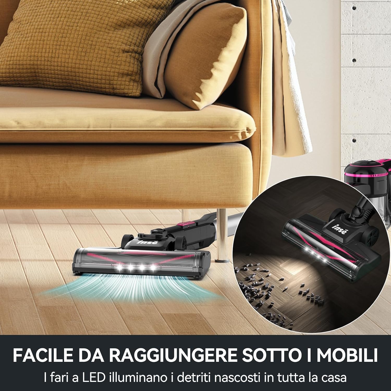 INSE Aspirapolvere Senza Fili Potente 20kPa, Scopa Elettrica Senza Fili in Piedi da Sola, Autonomia 45 Minuti Dust Cup Grande 1,2L, Filtro HEPA Spazzola Elettrica a LED per tappeti e peli di Animali INSE Aspirapolvere Senza Fili Potente 20kPa, Scopa Elettrica Senza Fili in Piedi da Sola, Autonomia 45 Minuti Dust Cup Grande 1,2L, Filtro HEPA Spazzola Elettrica a LED per tappeti e peli di Animali