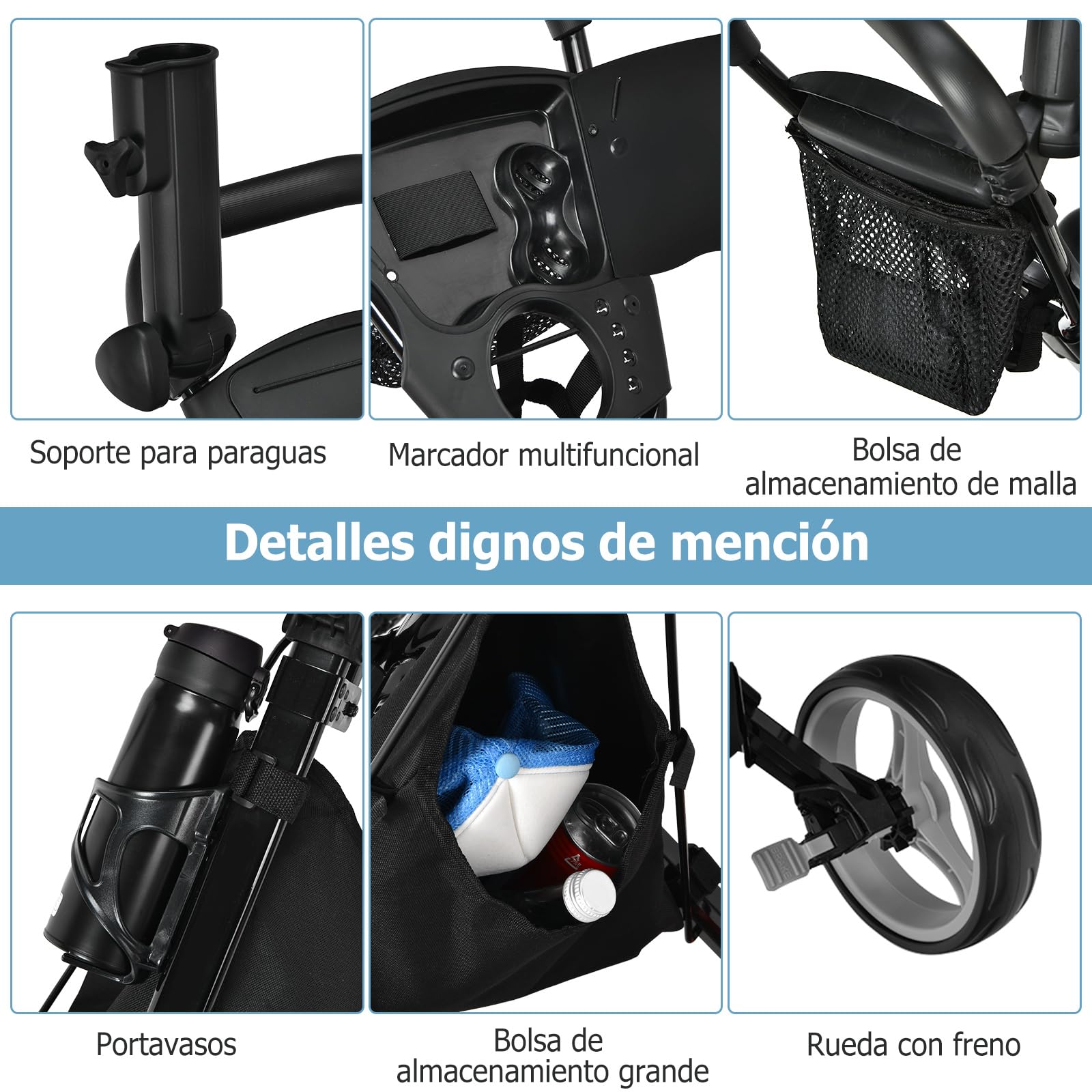 COSTWAY Carro de Golf Plegable 3 Ruedas con Altura Regulable, Asiento, Porta Paraguas y Bebidas