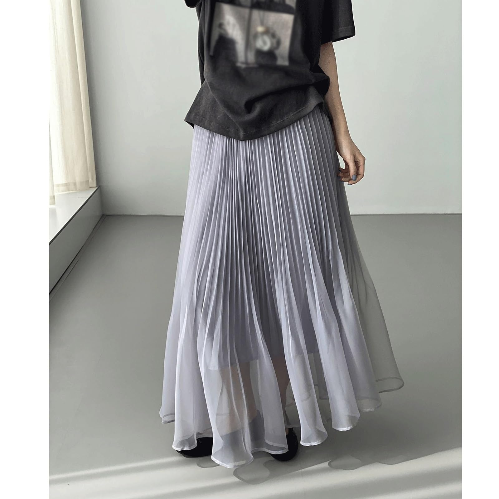 DUddTTW Pleated Maxi Skirts Gauze Women's Midi Skirt Elastic Waisted Swing Skirt Slimming Ankle Length Skirts Midi Length Flowy Skirt(Lila)