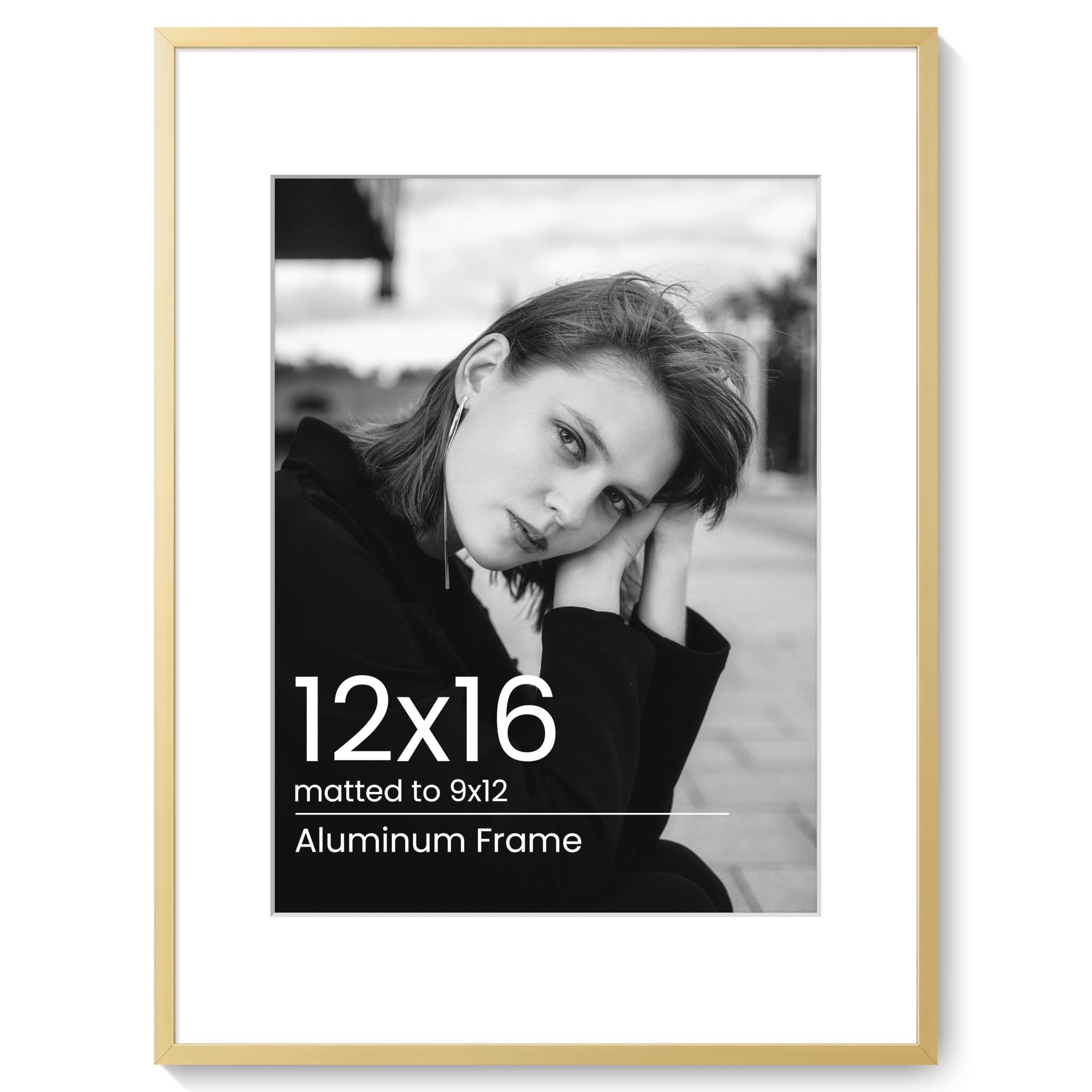 KovaScape 12x16 Aluminum Photo Frame - Modern Flat Metal Picture Frames with 9x12 Removable Mat and HD Glass - Versatile Wall & Tabletop Display for Gallery Art, Gold