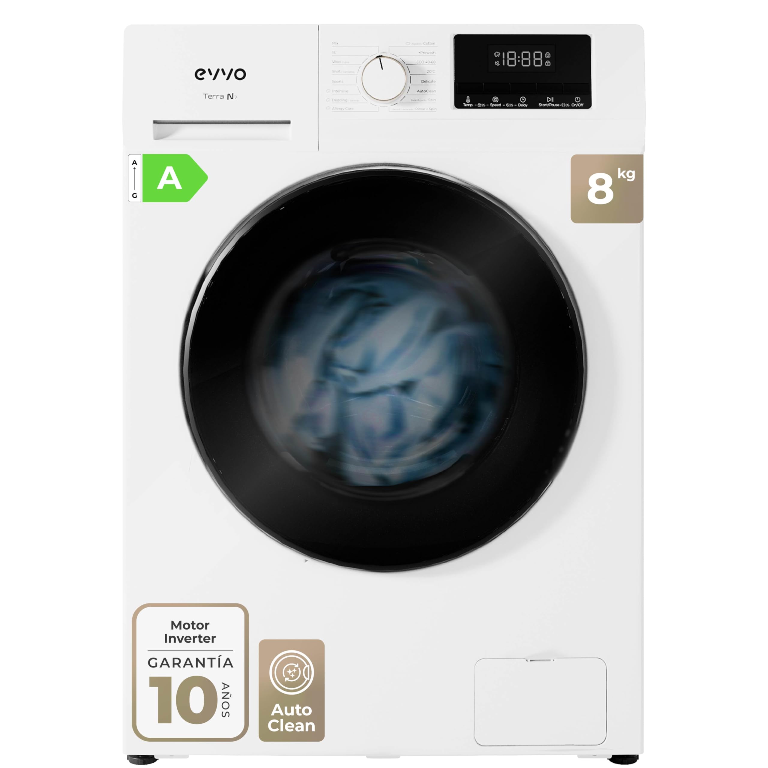 EVVO Lavadora Familiar TERRA N - Capacidad 8 Kg, 1400 RPM, E. Energética A - Motor E-DRIVE Inverter Silencioso, 16 Programas con Rápido 15' Etiqueta Energética