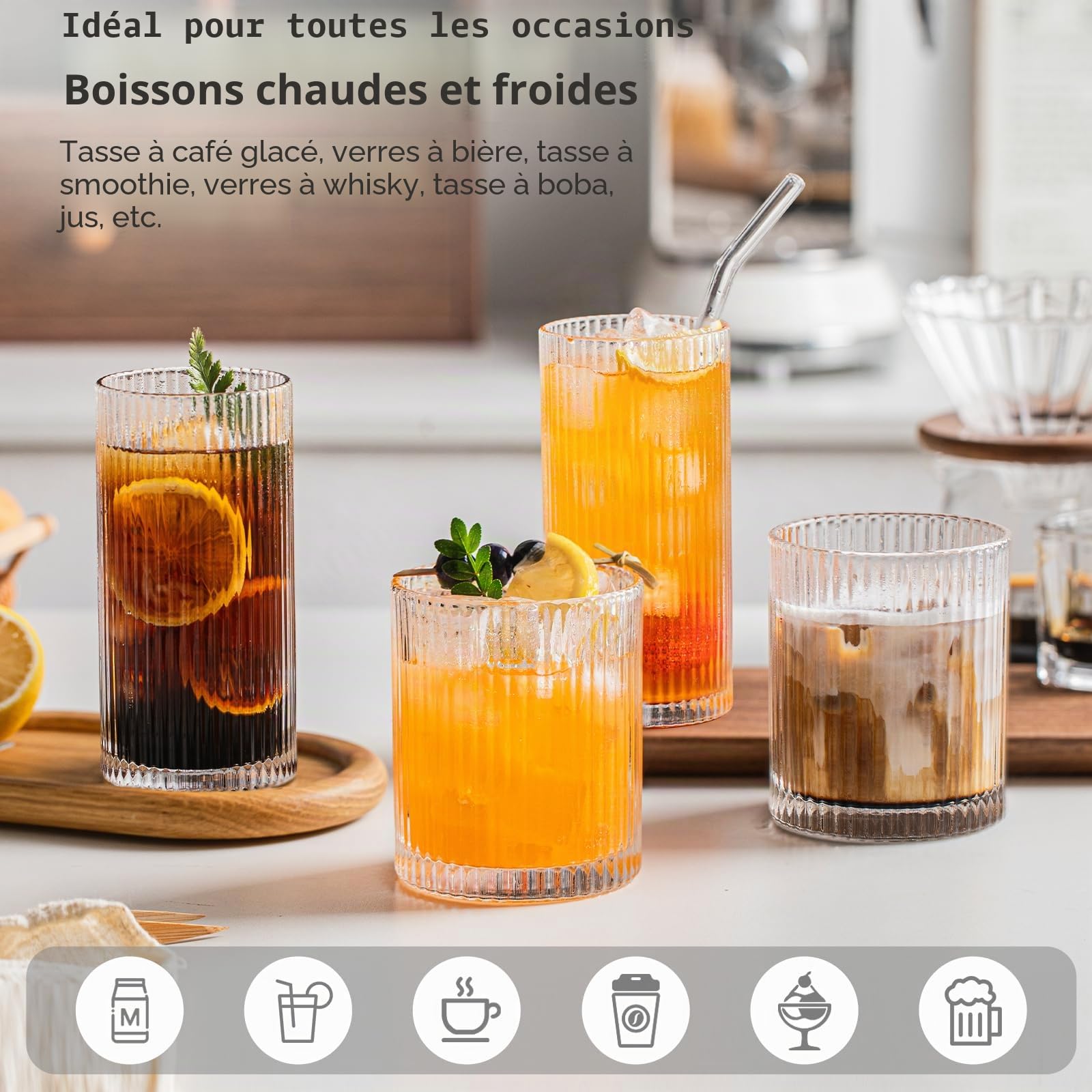 INSETLAN – Lot de 8 verres à boire côtelés - 4 verres hauts de 355 ml, 4 verres à glaçons de 414 ml, verres à cocktail vintage, idéaux pour le vin, le jus, l’eau, le café glacé, le whisky, les