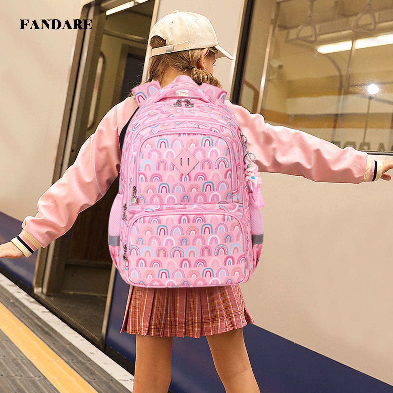 FANDARE Mochila Arcoíris Niño Mochilas Infantiles Mochila Escolar con Tiras Reflectantes Adolescentes Mochila Instituto para Niñas Mochilas Instituto Mochilas Tipo Casual Rosa