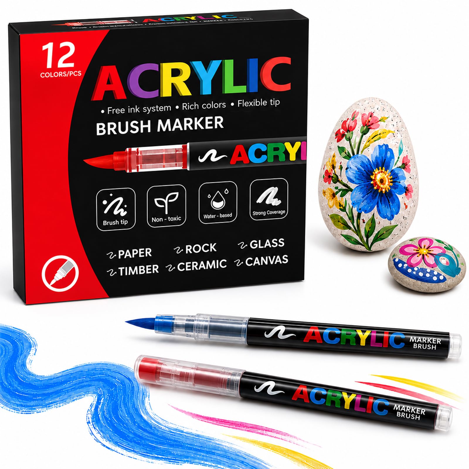 AIMARS Acrylic Paint Pens, 12 Colors Acrylic Markers with Flexible Brush Tip, Acrylic Pens for Rock Painting, Ceramic, Glass, Stone, Metal, Wood Crafts, Art Crafts Supplies Gift — image 1