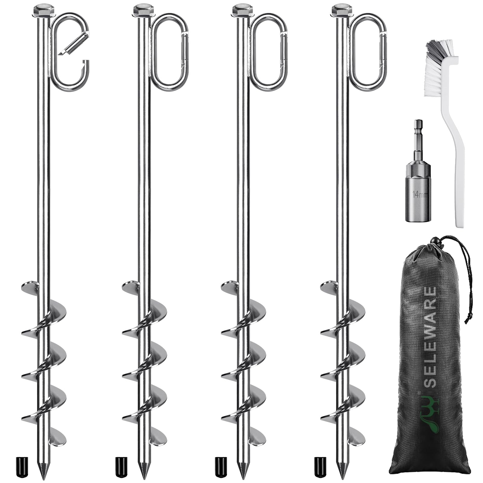 SELEWARE 4 Pack Ground Anchors Heavy Duty Trampoline Stakes Stainless Steel Strong Tent Pegs Spiral Earth Anchors for Swing, Hiking, Trampoline, Tent, Shed, Camping, Mobile Homes, Carport — image 1