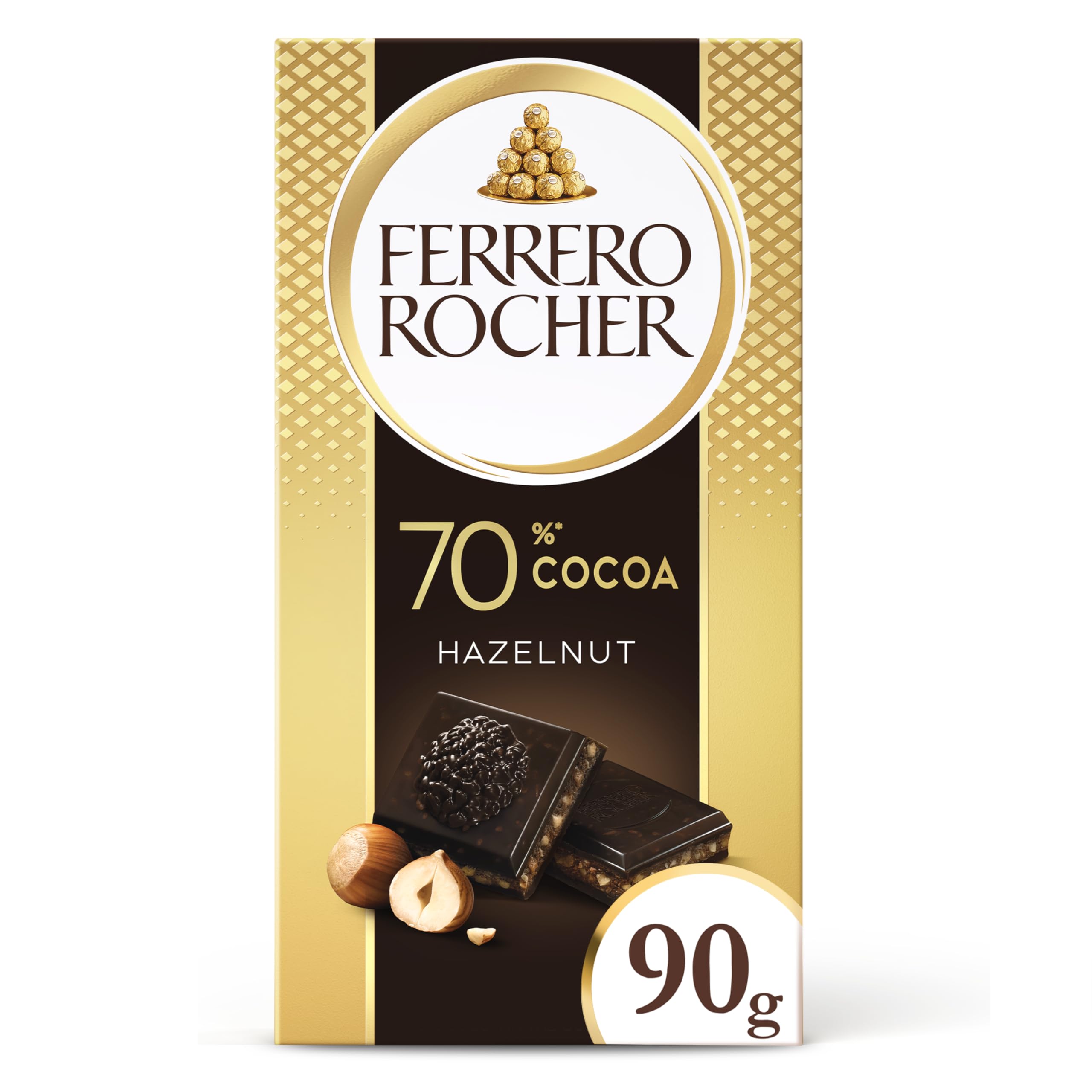 Ferrero Rocher Original Dark Chocolate Bar with Hazelnuts, Great Thank You Gift, Chocolate Hamper, 70% Cocoa Dark Chocolate Tablet with Crunchy Hazelnut Pieces & Creamy Filling, 90g