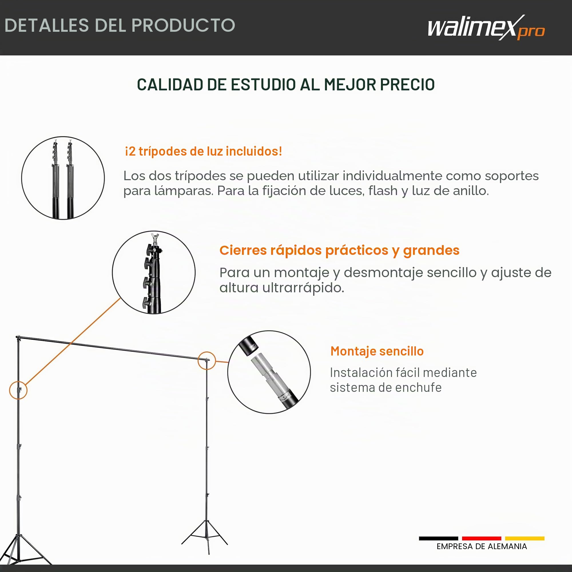 Walimex pro background system XXL 190-465cm - set de fondo profesional estable y grande para estudio y móvil, para fotografía video y pantalla verde, altura hasta 400cm