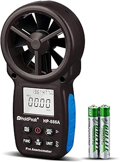 Holdpeak 866A Digital Anemometer - Wind Speed Meter Measures Wind Speed + Temperature + Wind flow with Data Hold & USB - The Most Accurate Anemometer Available! (Black)(CE,ISO,ROHS,GMC)