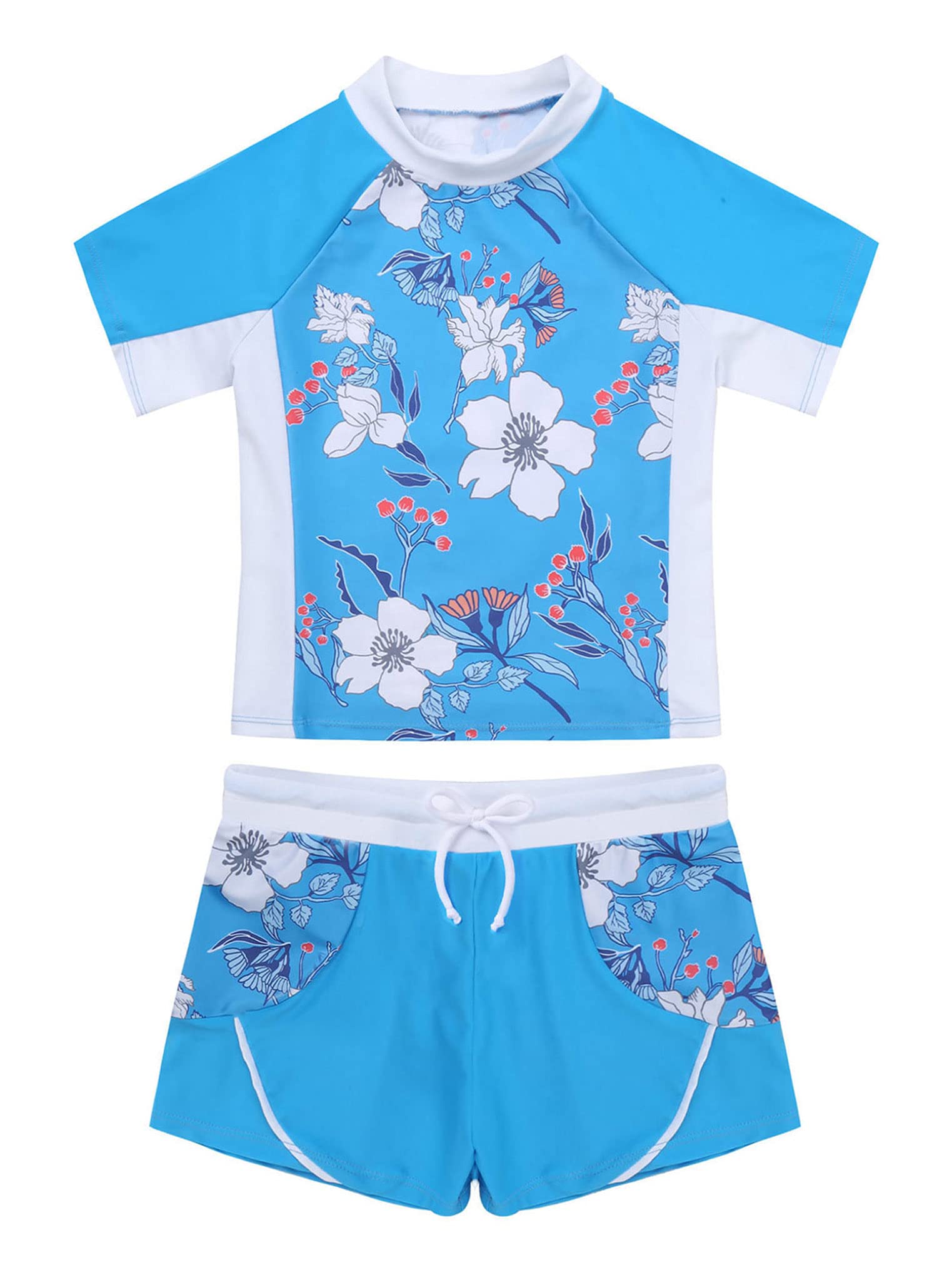 YEAHDOR Girls Kids 2 Pieces Athletic Swimsuit Floral Printed Rashguard Shirts with Shorts Dive Wetsuit Blue 12 Years