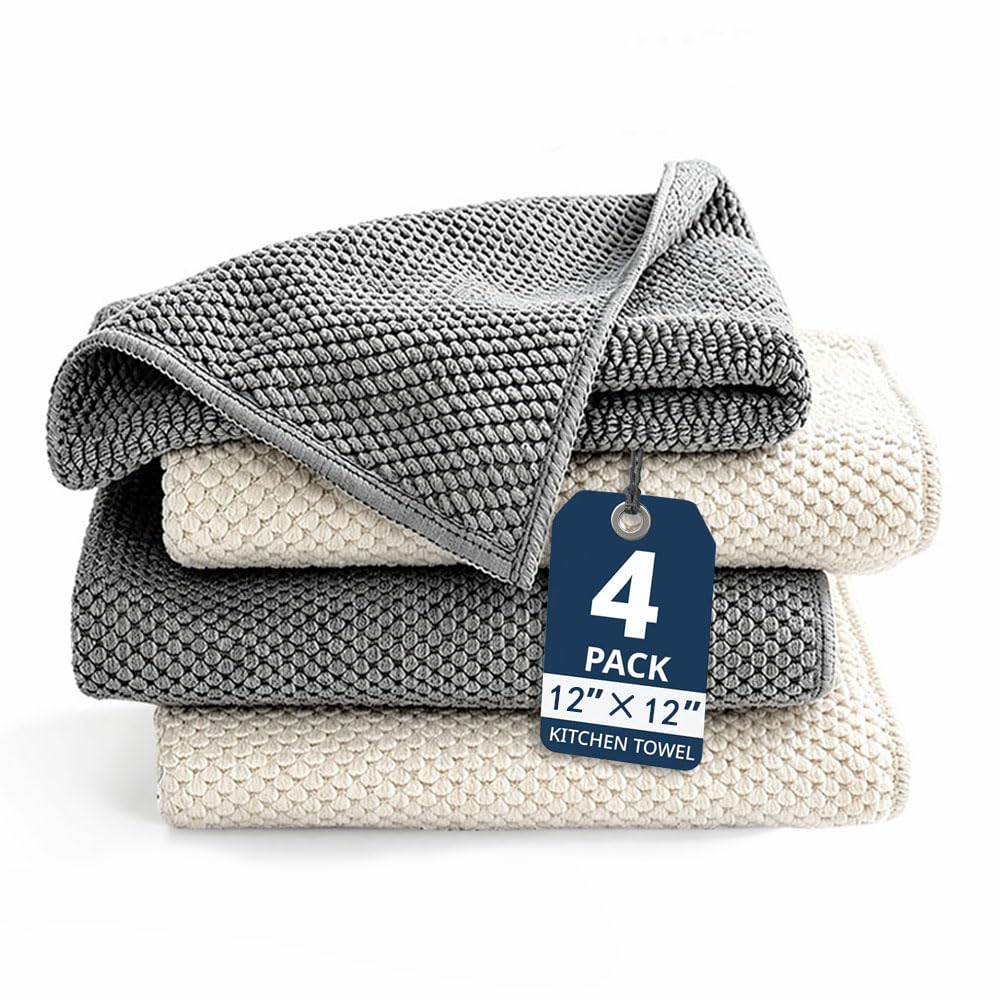 ningzhi 4pcs Dish Cloths Kitchen Cloths Microfibre Cleaning Towels–All-Purpose Home Cleaning Cloths, Ultra-Absorbent, Quick-Drying, Soft & Reusable(30x30cm)