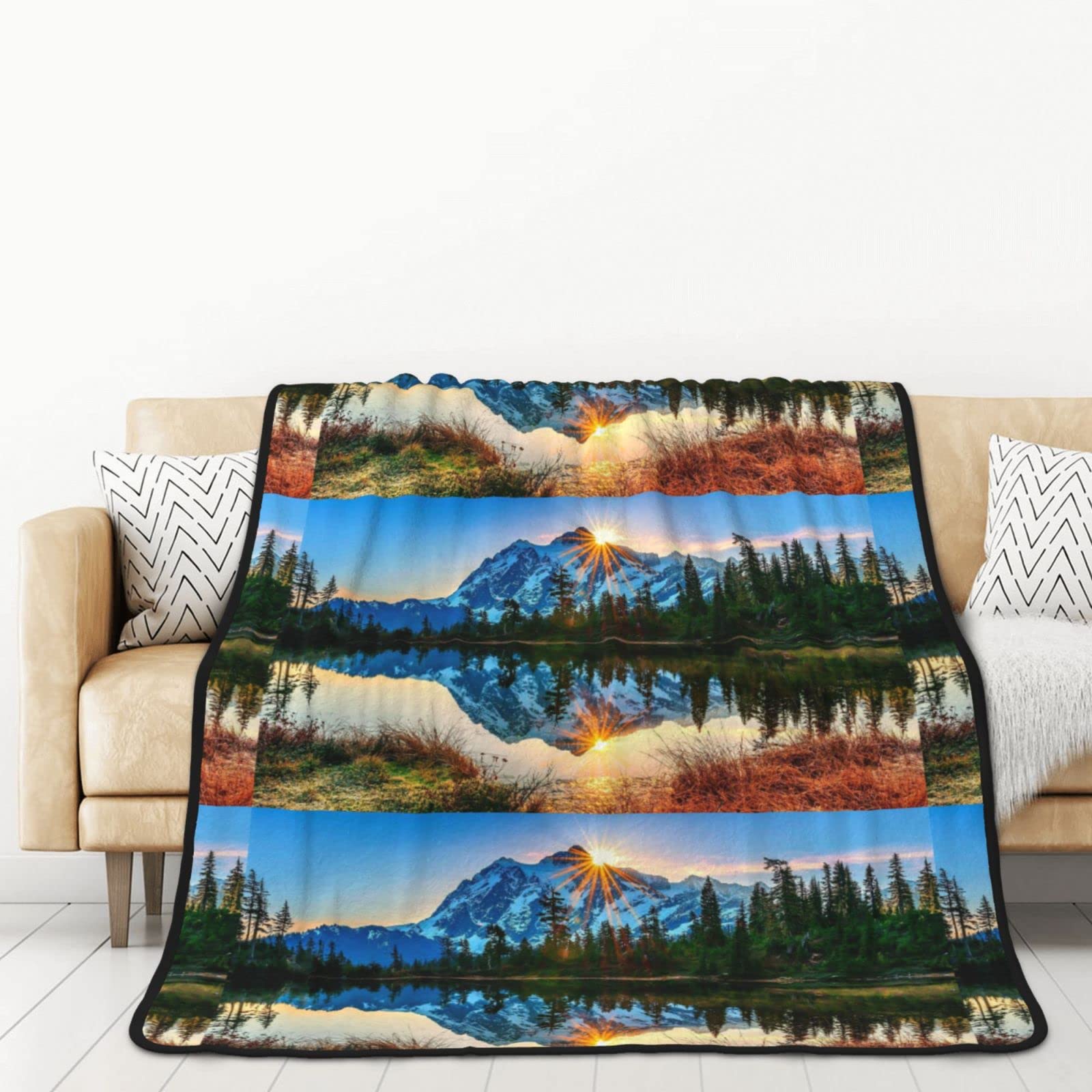 Couverture flanelle Mountain Sunrise plaid polaire microfibre double face 152x203 cm