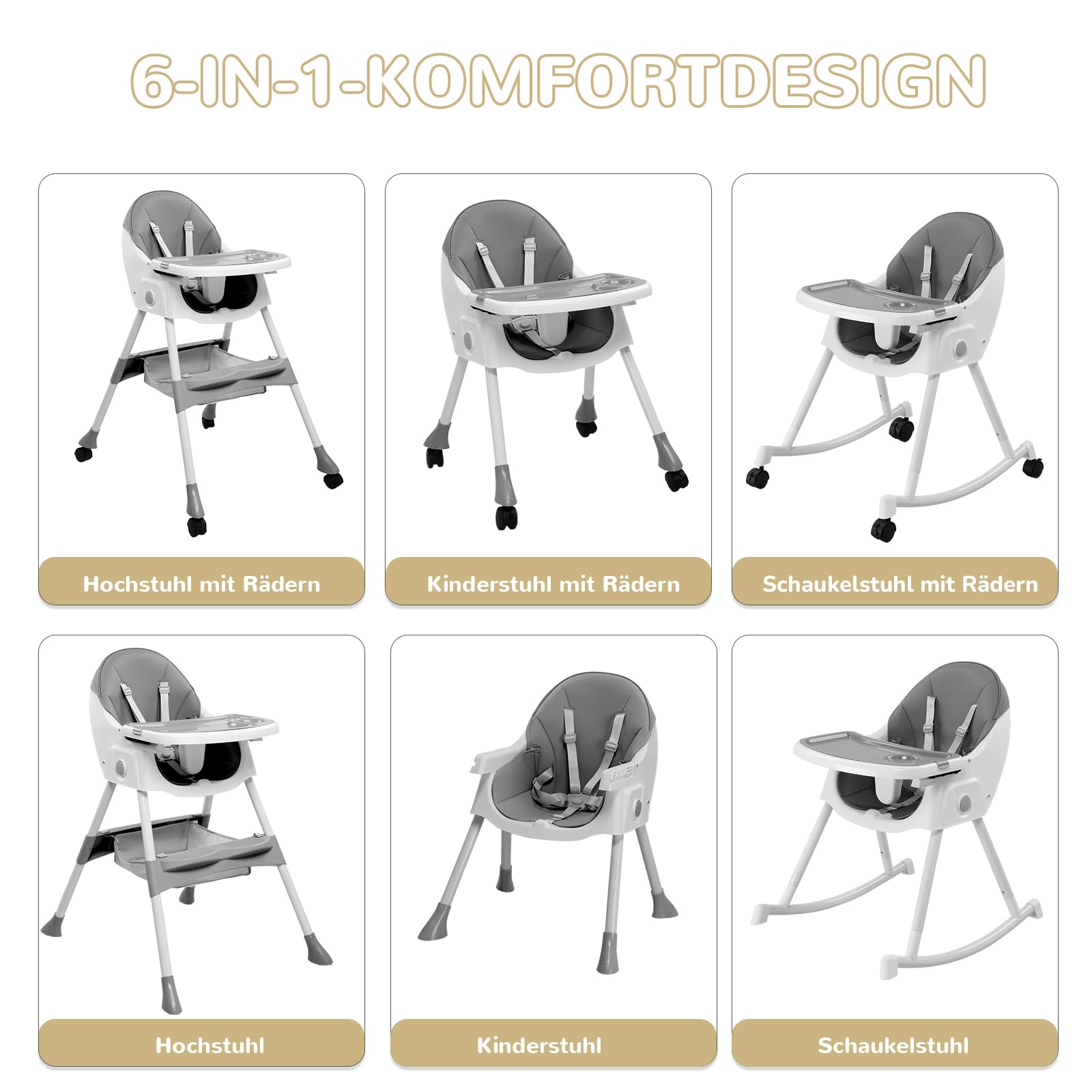 LEADZM Trona 3 en 1 para bebé, se convierte en mecedora, bandeja doble extraíble, trona plegable para bebé con ruedas giratorias y cesta de almacenamiento, para bebés de 6 a 36 meses (gris)