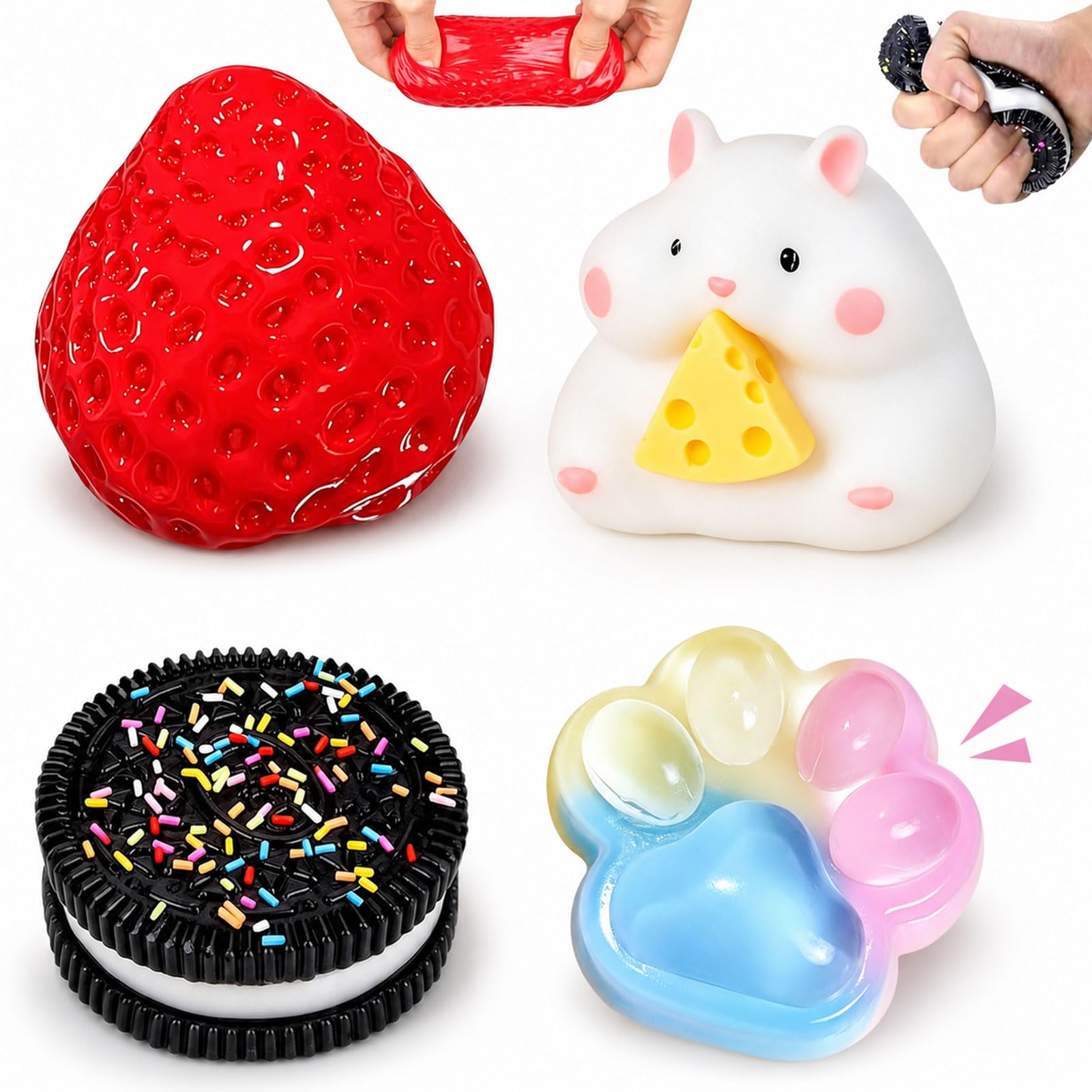 4Pcs Taba Squishy Set: Strawberry-Shaped - Hamster - Cat Paw & Biscuit