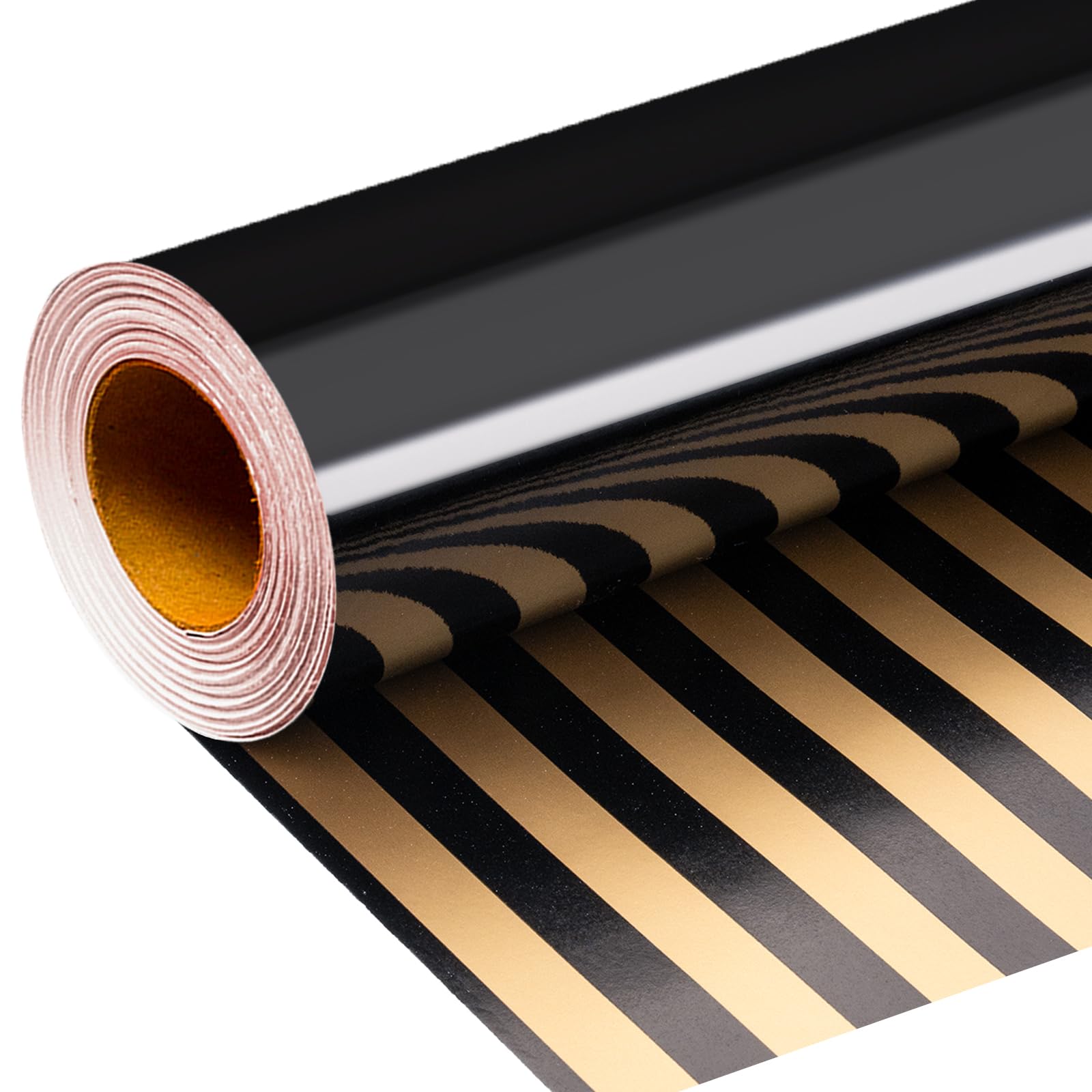 Wikadlik Black Wrapping Paper - Metallic Black Solid Color and Horizontal Stripes Reversible Gift Wrap Paper for Birthday, Halloween, Christmas - 43cm x 10m Mini Roll