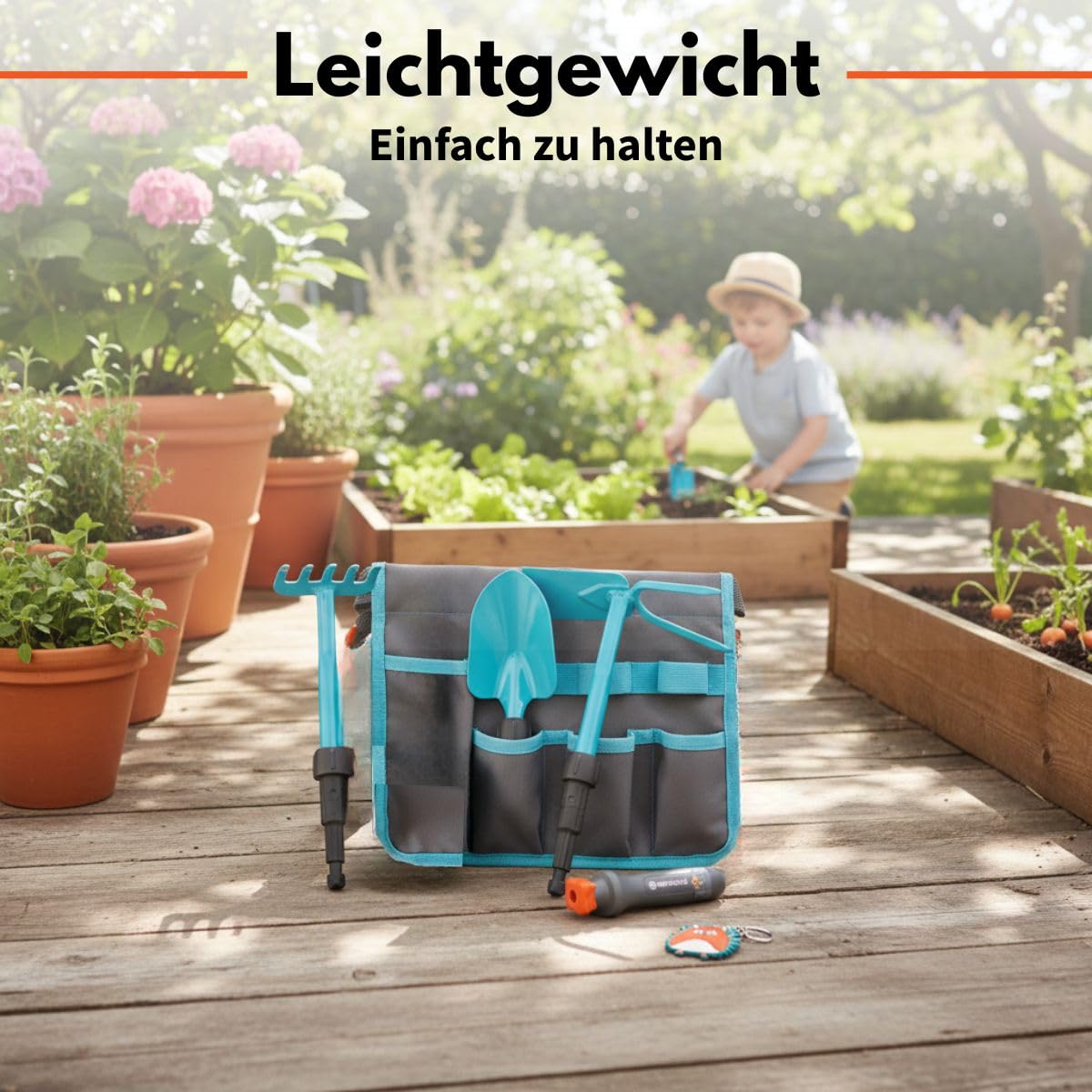 Happy People 16866 Gardena Gartentasche Set mit Gartenwerkzeug für Kinder Gartenspielzeug Outdoor Pflanzen Schaufel Harke Rechen