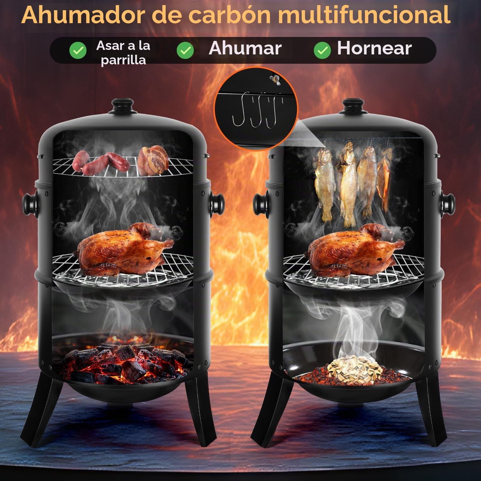 TLGREEN Ahumador 3 en 1, Smoker Barbacoa, Barril de Ahumado, Ø44,5 x 80 cm, Incluye Salida de Aire Regulable y Termómetro, Cuenco de Agua, 2 Rejillas de Barbacoa, para Ahumar, Asar y Cocinar