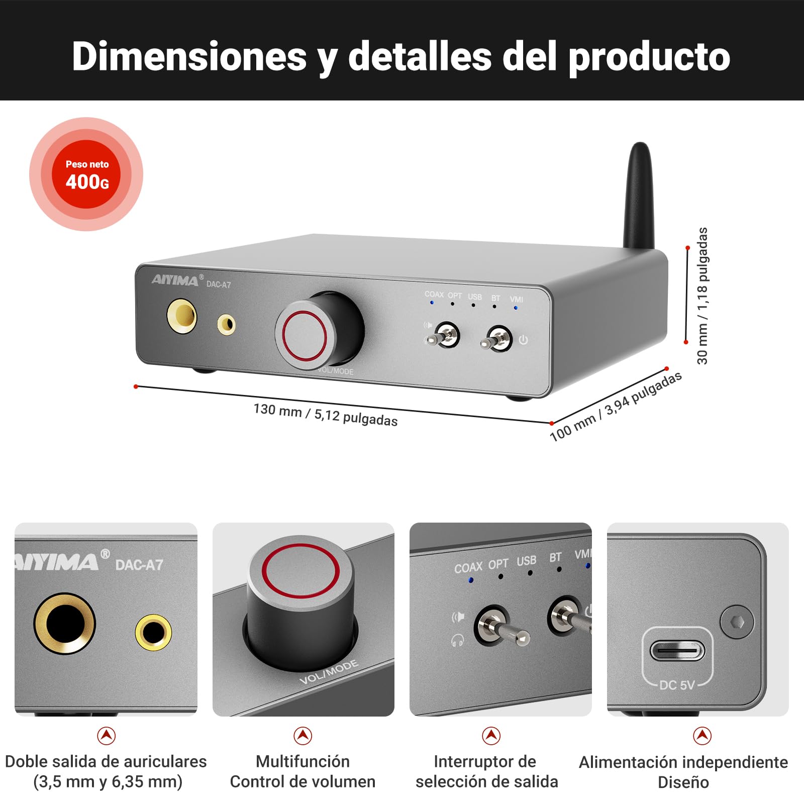AIYIMA DAC A7 Amplificador de auriculares con decodificación Bluetooth 5.4 HiFi Salida dual para auriculares de 3,5mm +6,35 mm Convertidor DAC DA con ES9038Q2M, entrada USB/óptica/coaxial/BT
