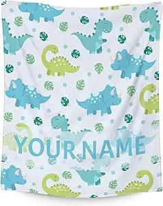 Personalized Dinosaur Blanket Gifts with Name - 50"x60" Cute Throw for Girls & Boys - Blue Soft Fuzzy Blankets for Bed, Couch & Living Room
