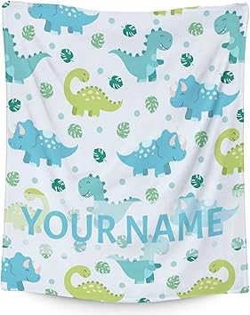 Personalized Dinosaur Blanket Gifts with Name - 50"x60" Cute Throw for Girls & Boys - Blue Soft Fuzzy Blankets for Bed, Couch & Living Room
