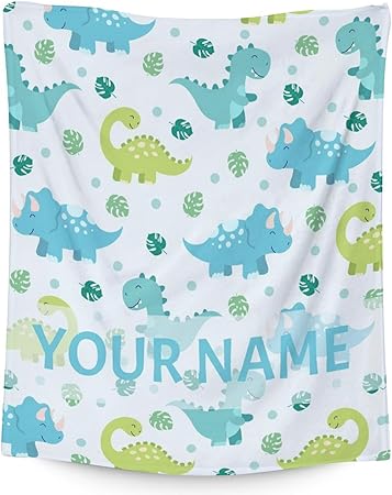Personalized Dinosaur Blanket Gifts with Name - 50"x60" Cute Throw for Girls & Boys - Blue Soft Fuzzy Blankets for Bed, Couch & Living Room