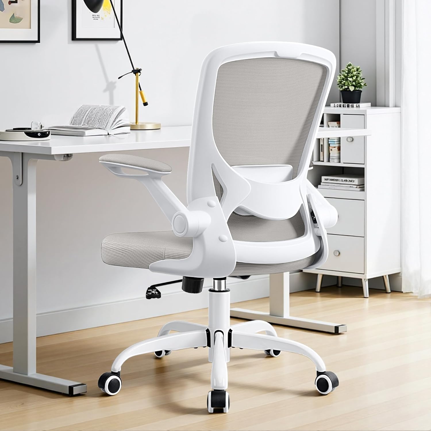 Ergonomic Office Chair, Mesh Computer Chairs with Lumbar Support, Swivel Desk Chair with Flip-up Arms and Adjustable Height, Light Gray - Image 7