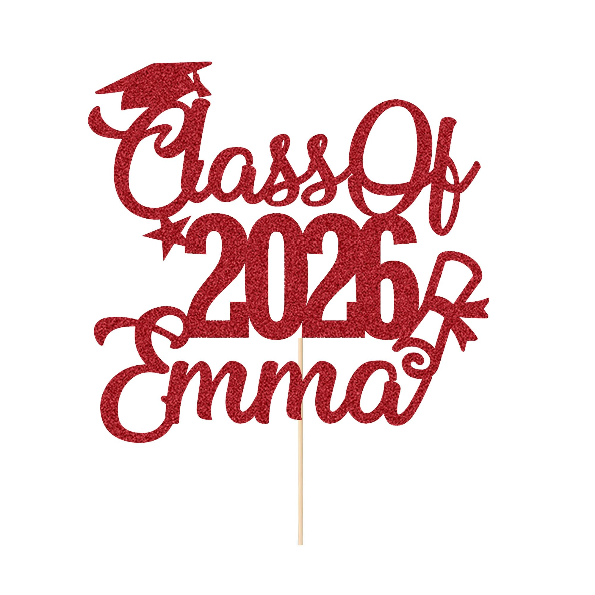 Personalised Cake Topper Custom Congrats Graduation Hat Student Class of 2026 Double Sided Glitter Card Red