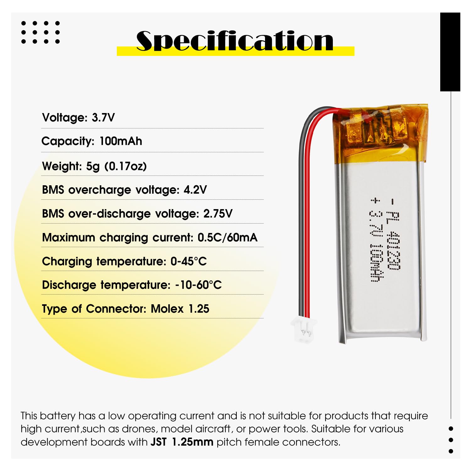 Batterie LiPo 3.7V 100mAh 401230 - Batterie Lithium-polymère Rechargeable avec Carte de Protection et connecteur Micro JST 1.25 pour appareils électroniques - 4