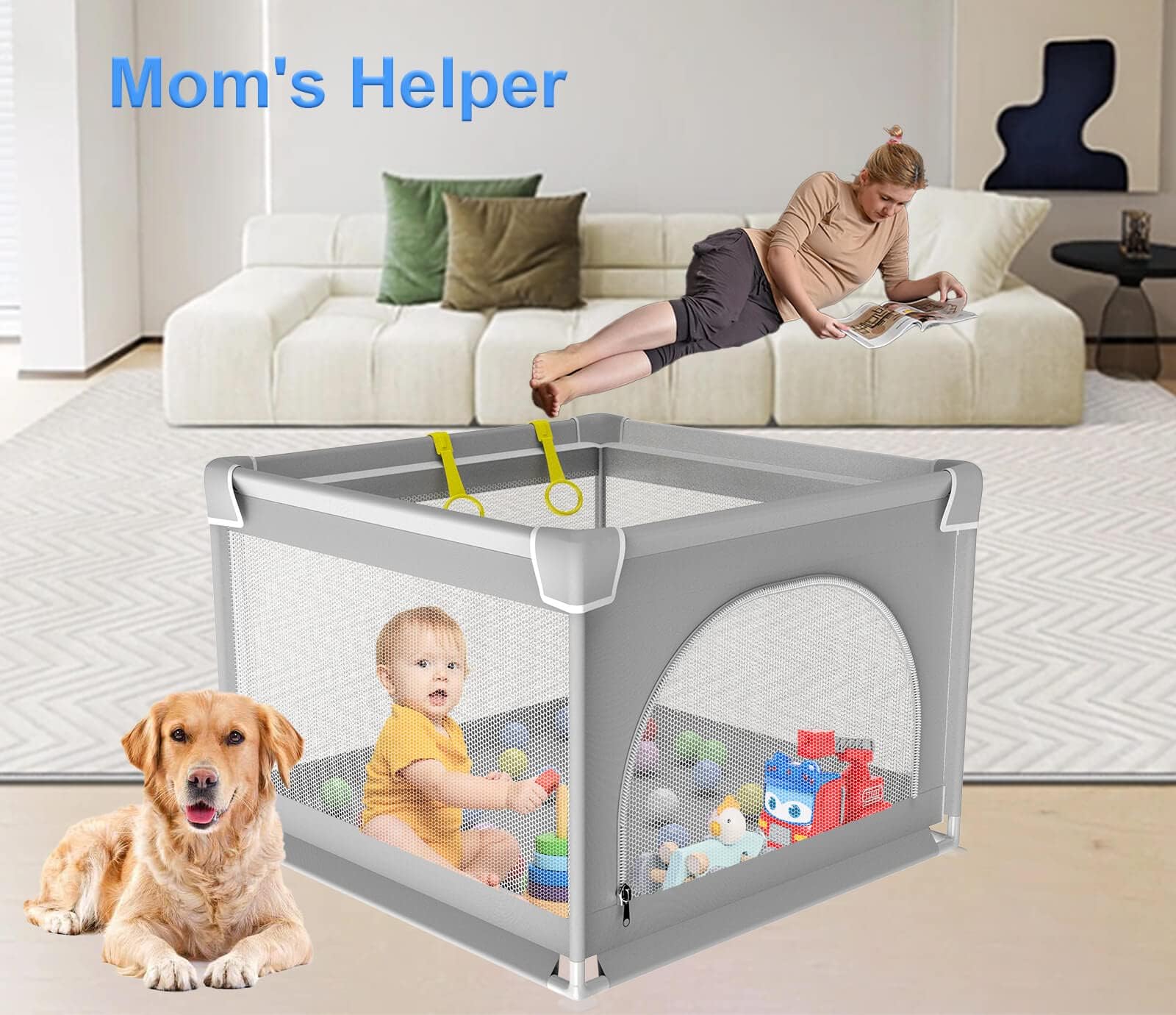 Box Bambini,Recinto per Bambini 90x90cm con Porta di Sicurezza,Traspirante e Antiscivolo,Portatile 0-6 anni,Adatto per Interni ed Esterni Box