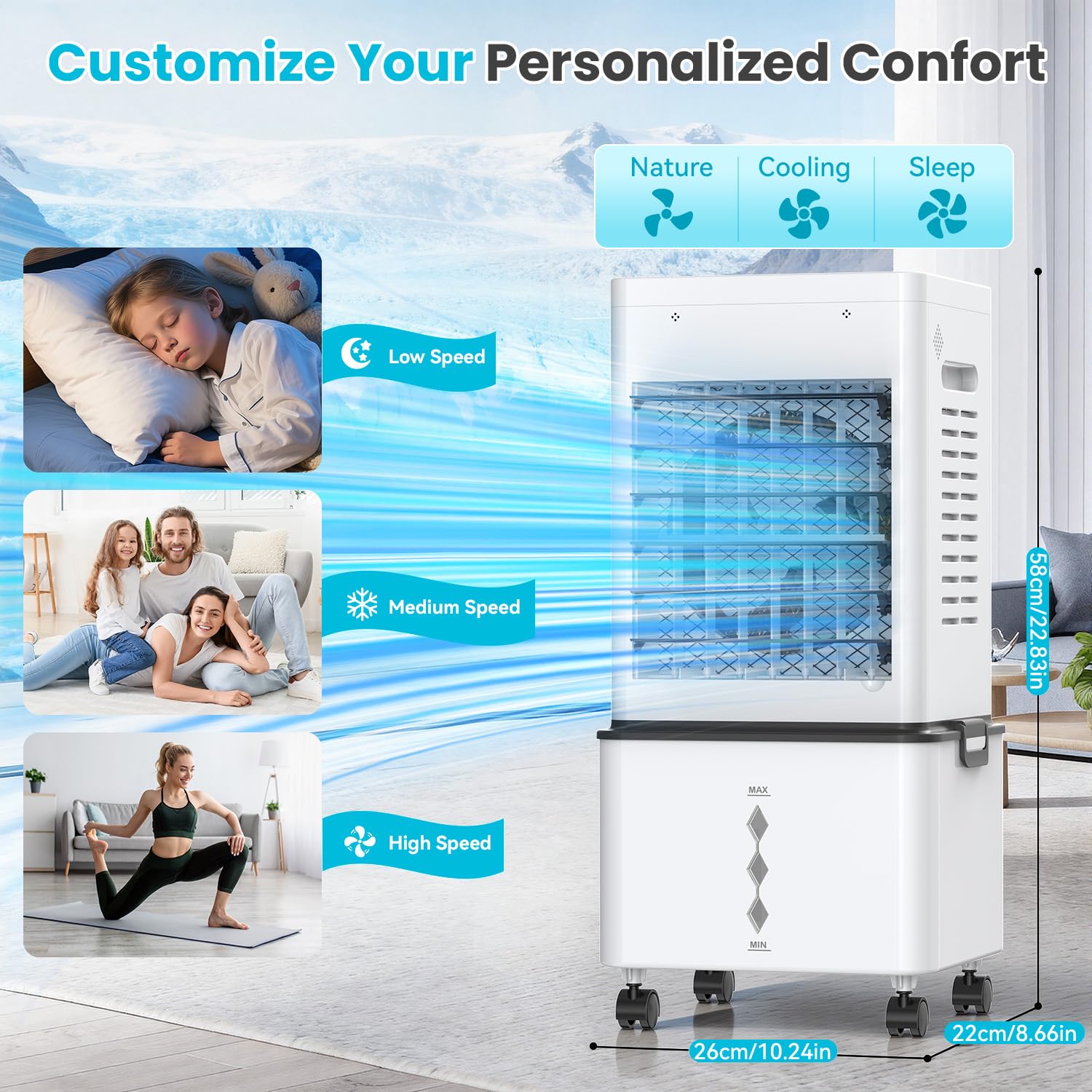 Climatiseur Mobile Sans Évacuation 12L, Rafraîchisseur d'Air Portable 3-en-1 avec 6 Vitesses, Climatiseur Mobile Silencieux avec Télécommande, Minuterie 24H, Refroidisseur d'Air 45W Économe en Énergie