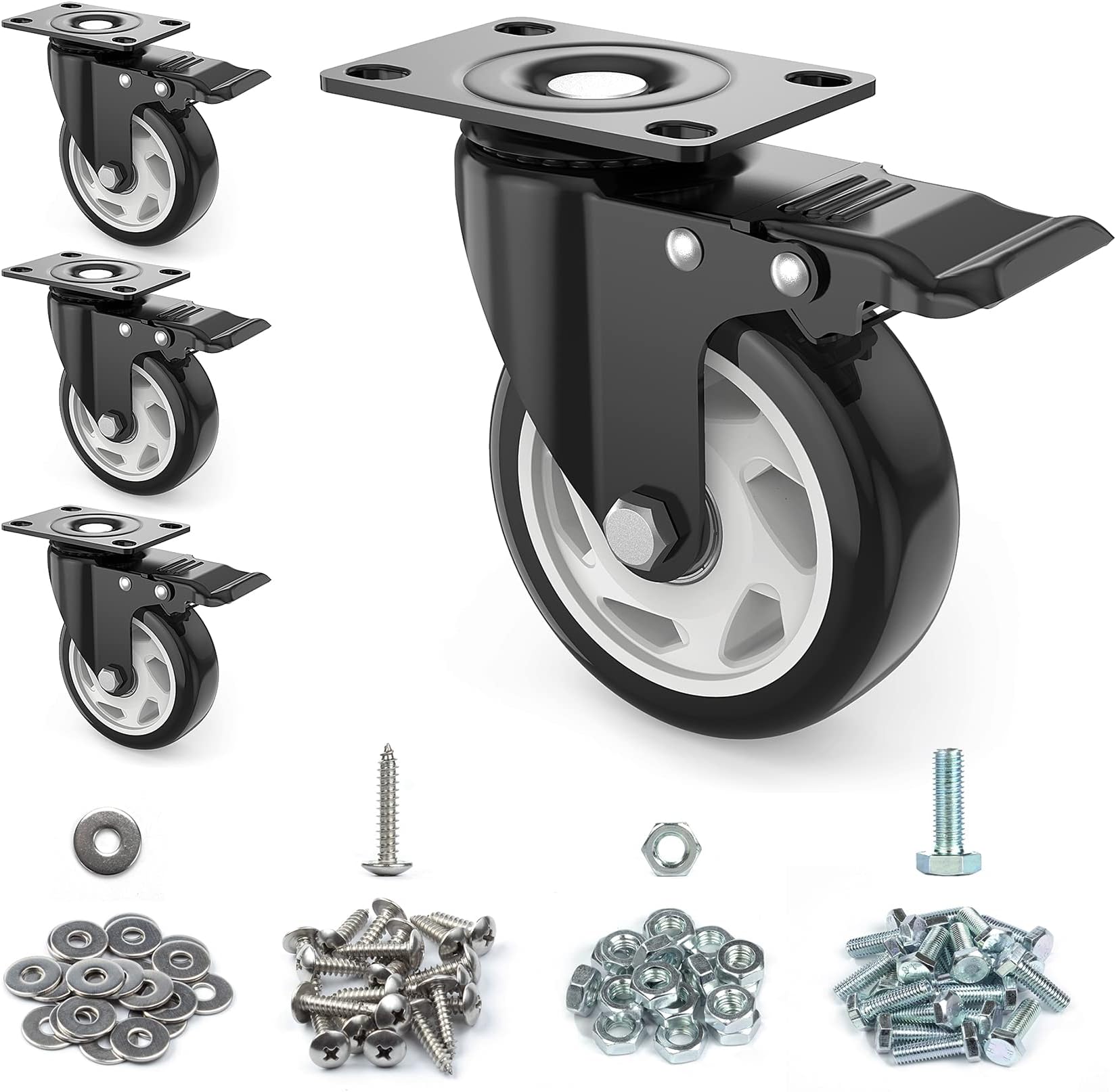 4 Inch Caster Wheels, Heavy Duty 4” Casters Set of 4 with Brake, TONSUM No Noise Polyurethane (PU) Wheels and Safety Dual Locking casters, Swivel Plate Castors(Two Hardware Kits for Free)