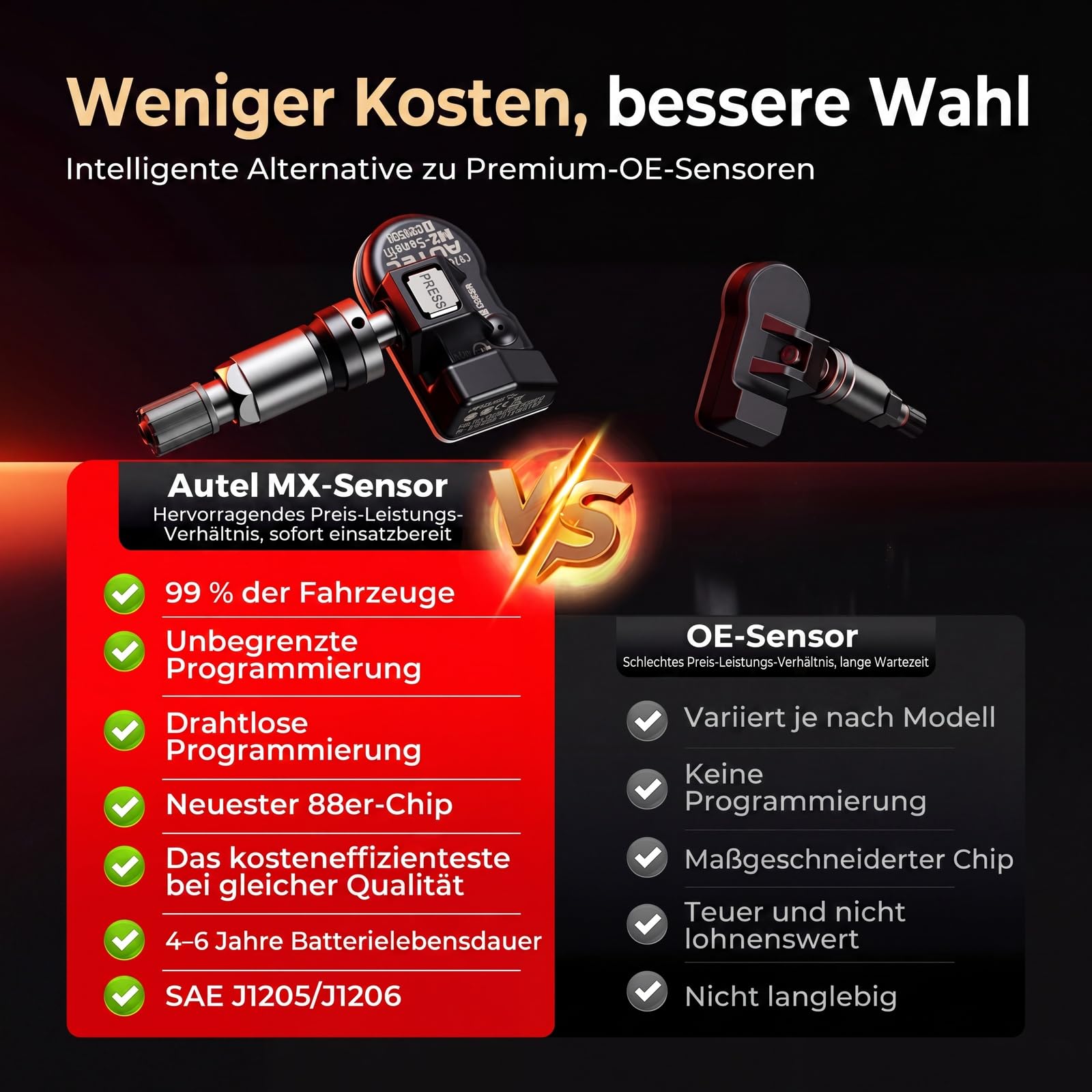 Autel RDKS 2 in1 MX-Sensor Dual-Frequenz, OE-Niveau TPMS-Sensoren für 99% Autos, 100% Programmierbarer Reifensensor, Funktioniert mit TS408S TS501Pro TS508WF TS601 TPMS Werkzeug(Gummiventil, 1 Stück)