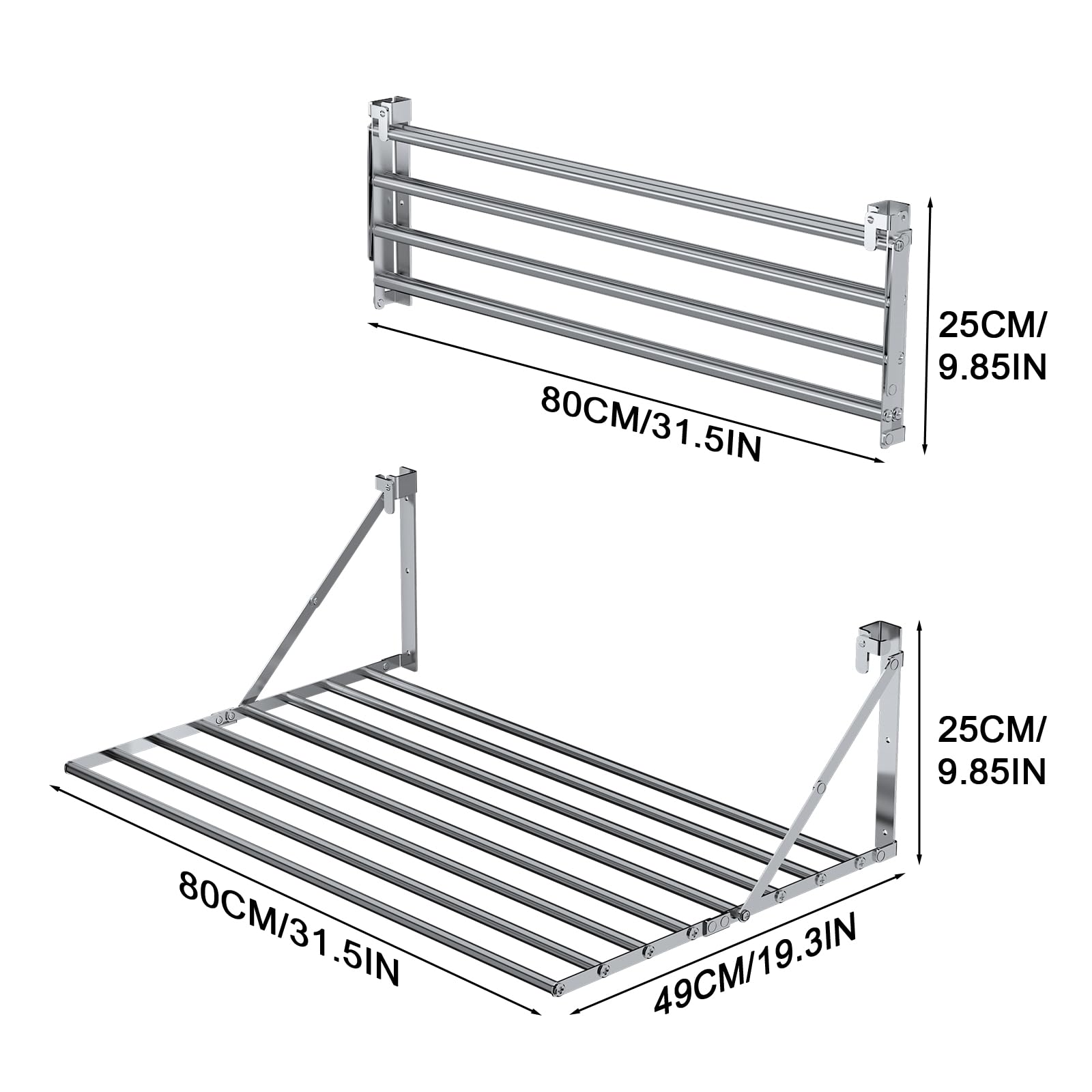 Innotic Séchoir à Linge Mural Pliable de 80 cm - Résistant à la Rouille - avec 8 Barres - Grand Espace - Peu encombrant - pour l'extérieur, la Salle de Bain, Le Balcon, la buanderie - Argenté