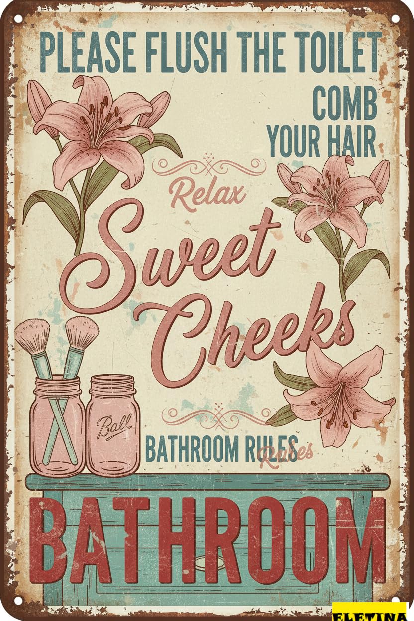Vintage Metal Tin Sign Farmhouse Bathroom S Rustic Flower Country Wall Art Decor 8x12 Inches