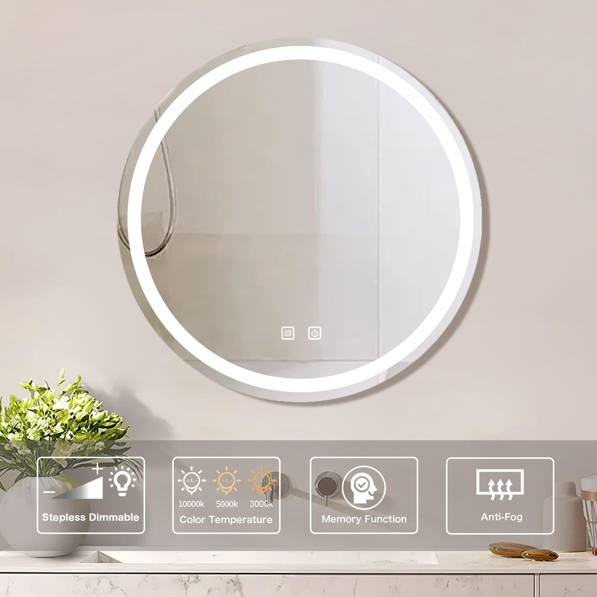 Specchio da Bagno LED con Illuminazione,Specchio Rotondo con Illuminazione,3 Colori di Luce Dimmerabili,Specchio da Bagno con Interruttore Touch e Antiappannamento,3000K-10000K (60 cm)