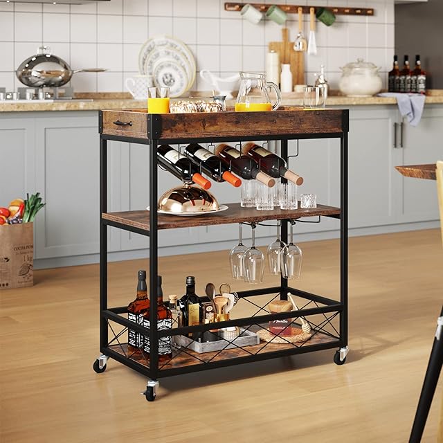 YITAHOME Mobile Kitchen Serving Trolley with Wine Rack and Glass Holder, 3-Tier Industrial Bar Serving Cart with Removable Wooden Top Container, Drinks Trolley on Wheels for Home, Rustic Brown