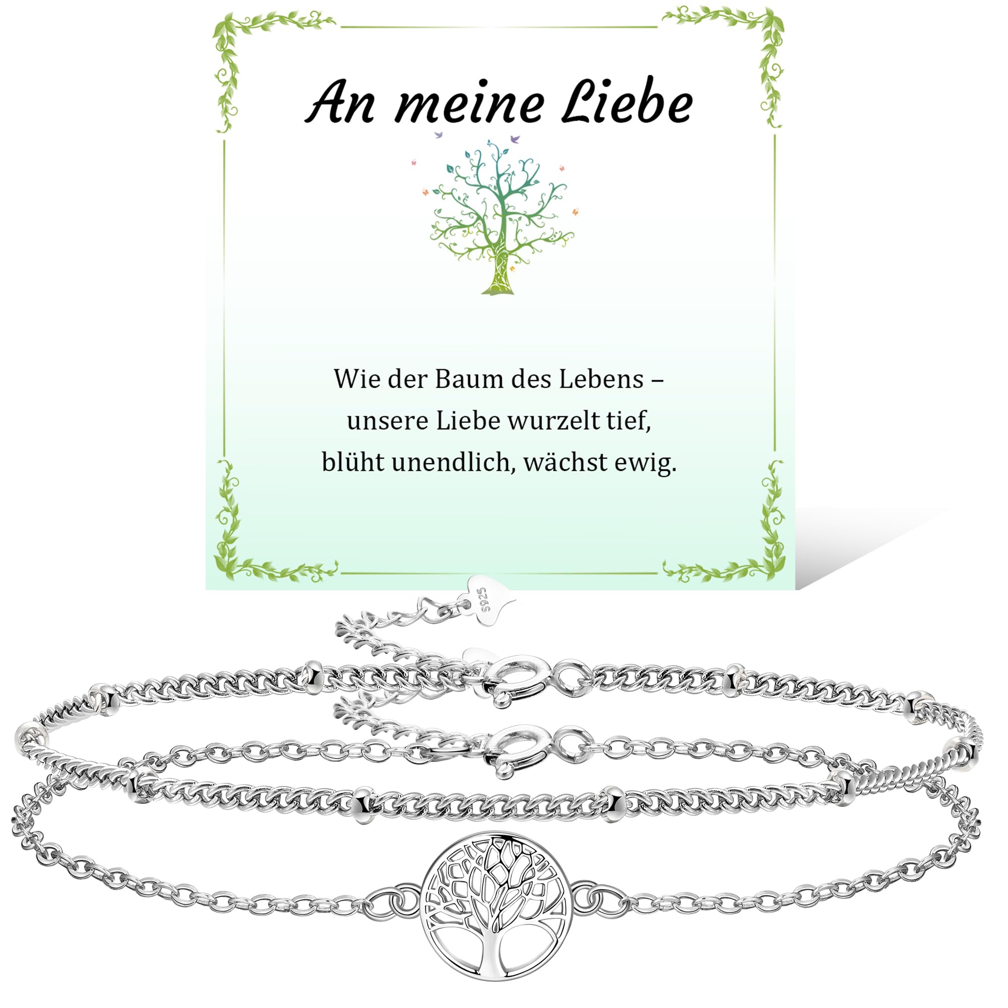JANDY SHINE Lebensbaum Armband für Damen 925 Sterling Silber Weihnachten Geschenk für Mama Oma Schwester Freundin Sich Selbst Tochter Verstellbare 2 Stück