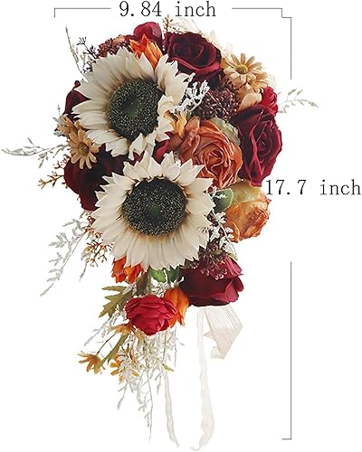 Miniatura 2 de Emivery Ramo de girasol vintage en cascada, ramo de girasol artificial y rosa burdeos para novia, ramo de lágrima nupcial para boda, ceremonia,