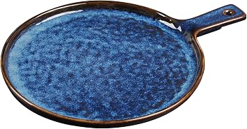 Ceramic round salad bowl with handle; 8.4-inch pizza pan 2-pack; suitable for crispy pizza, desserts, bread; dishwasher safe and microwave/oven safe Starry Blue.