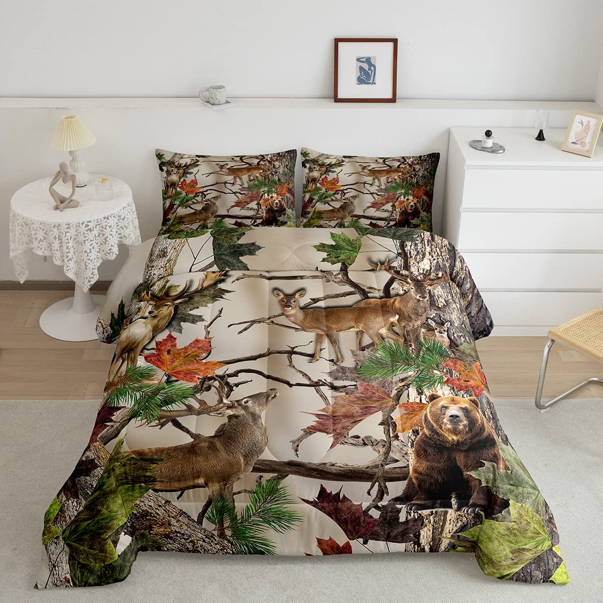 Feelyou Deer Bedding Set Camo Rustic Deer Elk Bird Bear Comforter Set