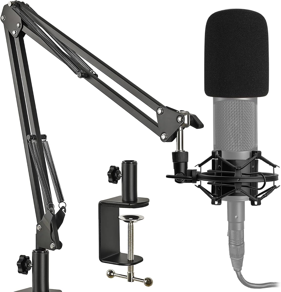 AT2020 Mic Stand with Shock Mount and Pop Filter, Suspension Scissor AT2020 Boom Arm Stand with Upgraded Heavy Duty Clamp for Audio Technica AT2020 AT2020USB+ AT2035 Condenser Studio Mic