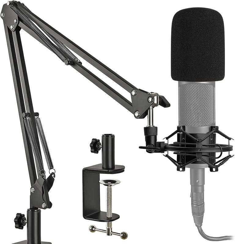 AT2020 Mic Stand with Shock Mount and Pop Filter, Suspension Scissor AT2020 Boom Arm Stand with Upgraded Heavy Duty Clamp for Audio Technica AT2020 AT2020USB+ AT2035 Condenser Studio Mic